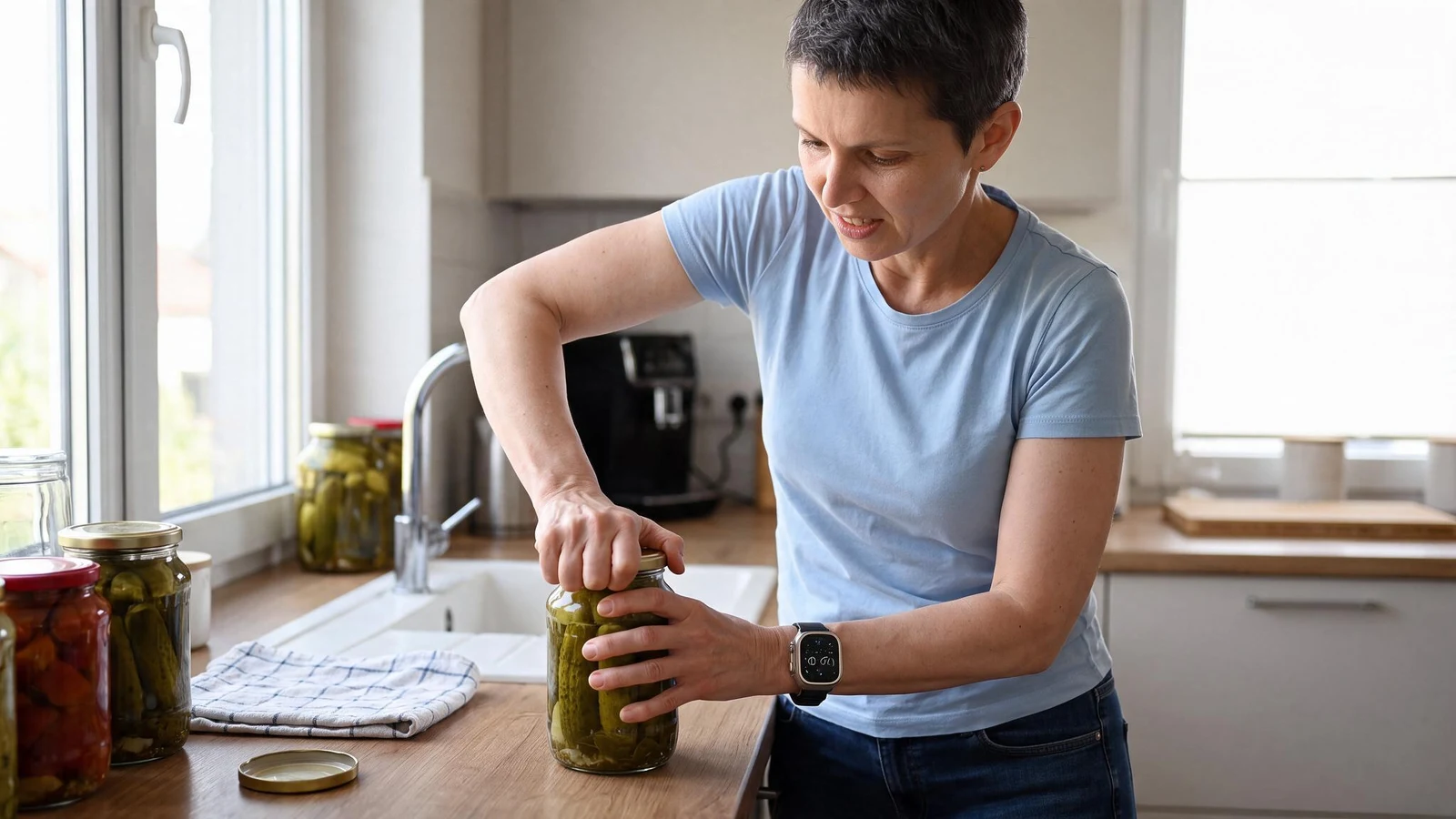 Женщина после 50 открывает банку с закруткой на кухне — знакомая трудность при слабости запястий
